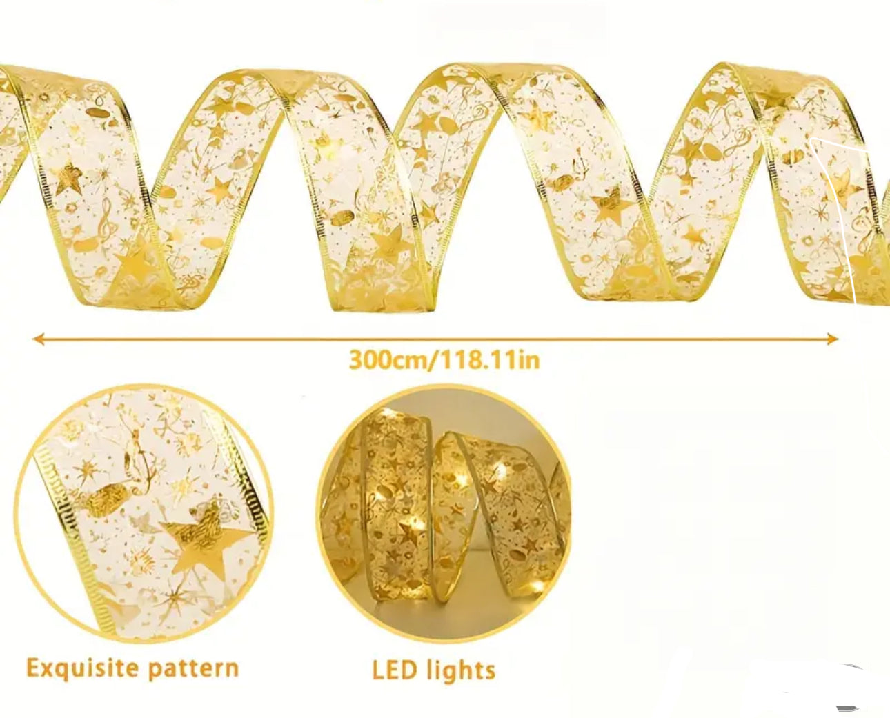 LED Christmas Tree Ribbon Light | 1.97 Gold Sparkling Wave Design | Battery Powered, No Plug Required I Holiday Decorations for Christmas and Weddings | Santa Theme Glitter Embellishments, Christmas Tree Lights
