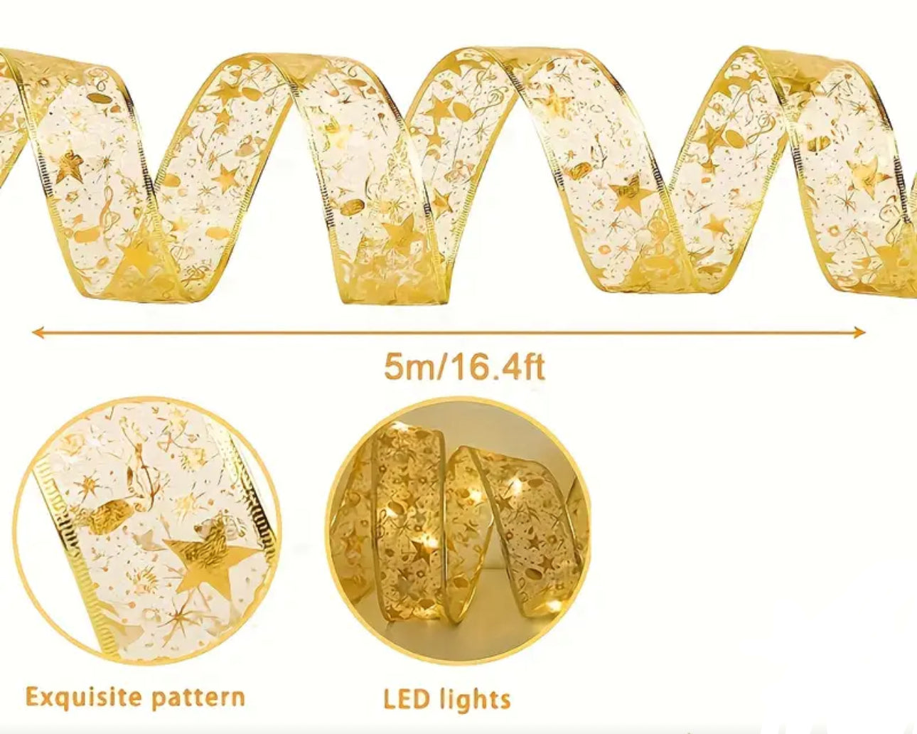 LED Christmas Tree Ribbon Light | 1.97 Gold Sparkling Wave Design | Battery Powered, No Plug Required I Holiday Decorations for Christmas and Weddings | Santa Theme Glitter Embellishments, Christmas Tree Lights