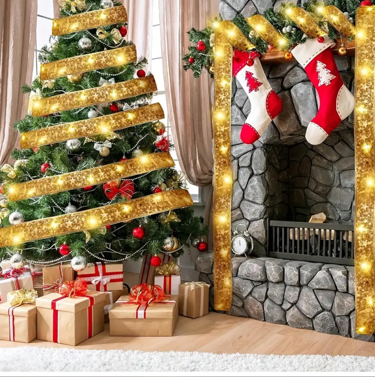LED Christmas Tree Ribbon Light | 1.97 Gold Sparkling Wave Design | Battery Powered, No Plug Required I Holiday Decorations for Christmas and Weddings | Santa Theme Glitter Embellishments, Christmas Tree Lights