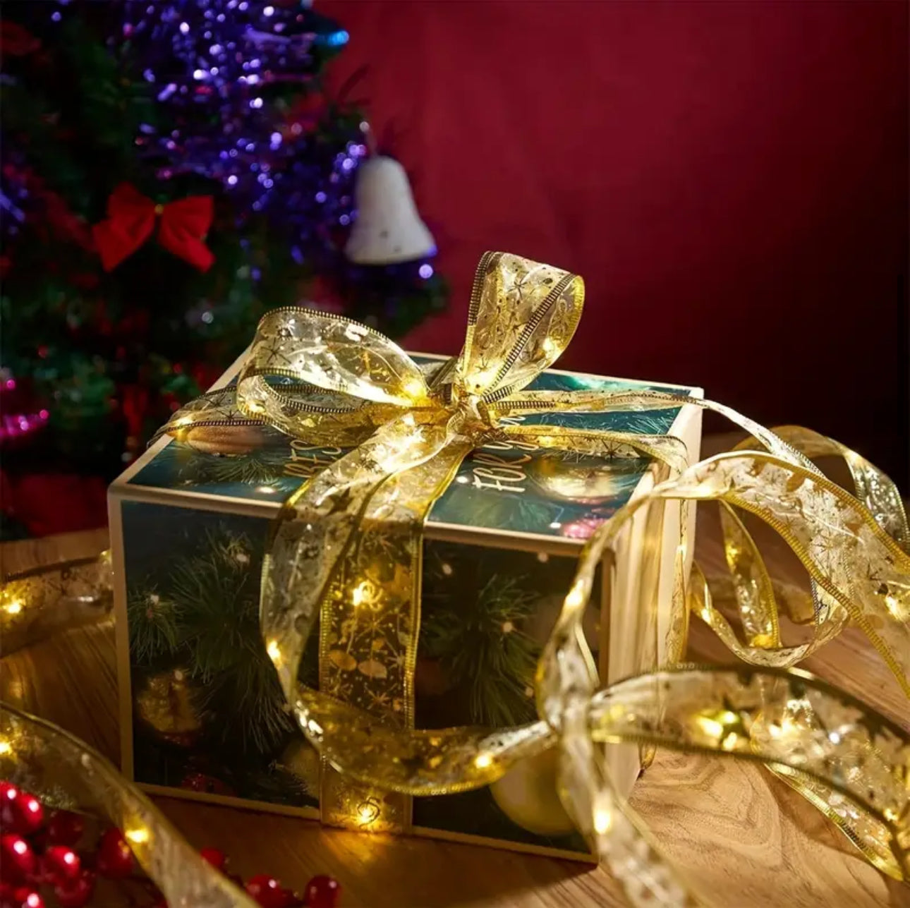 LED Christmas Tree Ribbon Light | 1.97 Gold Sparkling Wave Design | Battery Powered, No Plug Required I Holiday Decorations for Christmas and Weddings | Santa Theme Glitter Embellishments, Christmas Tree Lights