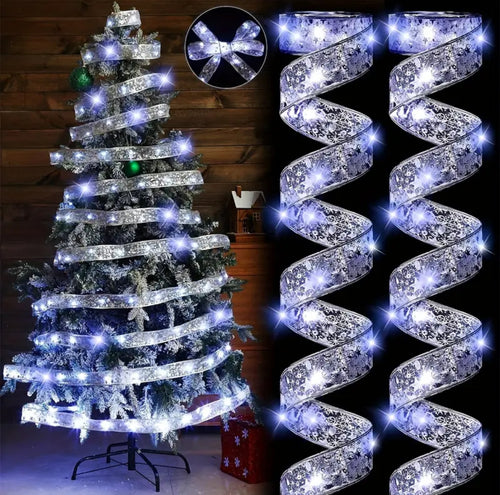 LED Christmas Tree Ribbon Light | 1.97 Gold Sparkling Wave Design | Battery Powered, No Plug Required I Holiday Decorations for Christmas and Weddings | Santa Theme Glitter Embellishments, Christmas Tree Lights