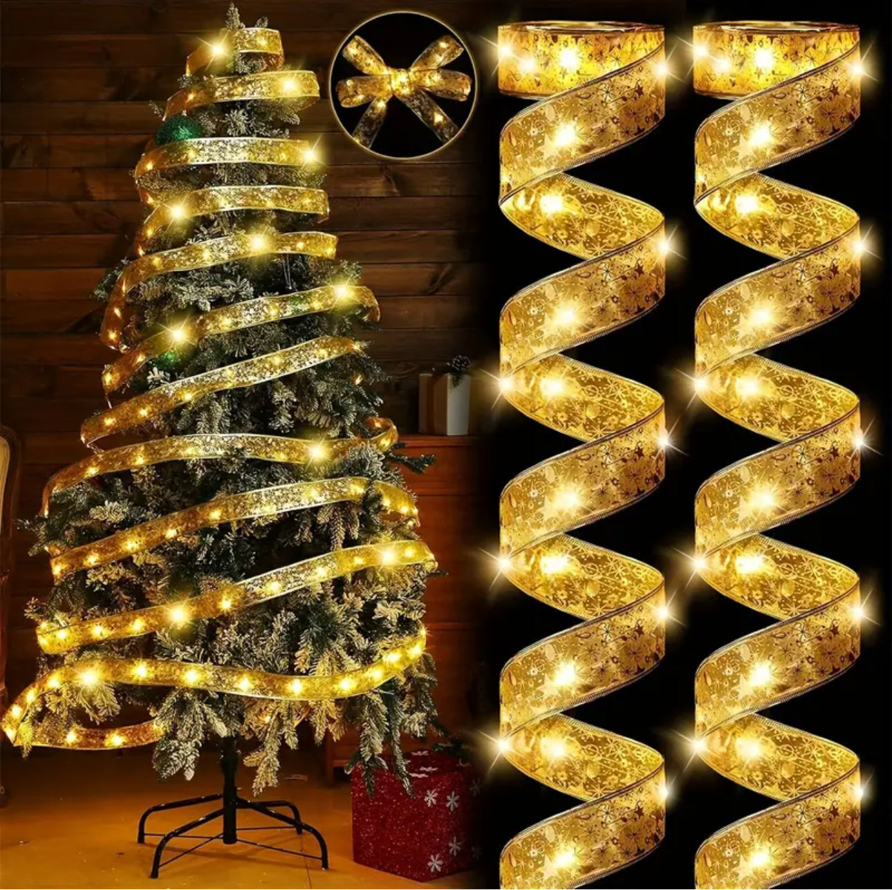 LED Christmas Tree Ribbon Light | 1.97 Gold Sparkling Wave Design | Battery Powered, No Plug Required I Holiday Decorations for Christmas and Weddings | Santa Theme Glitter Embellishments, Christmas Tree Lights